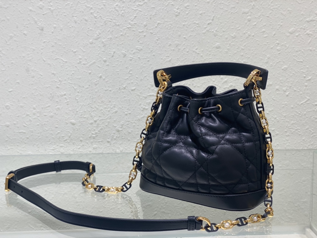 Small Dior Jolie Bucket Bag Black Macrocannage Lambskin and Calfskin